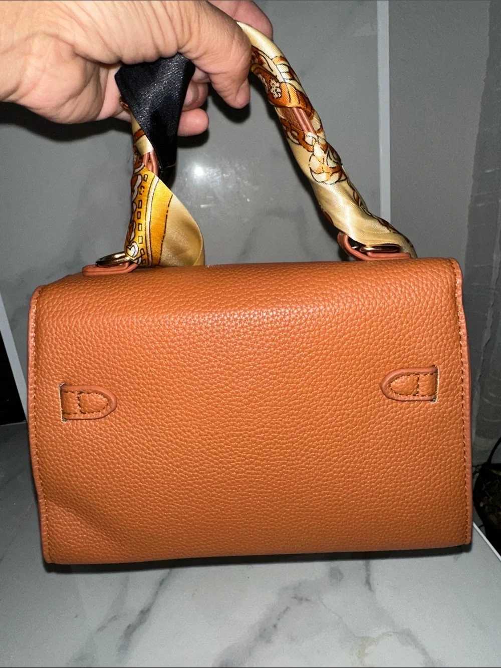 Classic Tan Top-Handle Women's Bag with Silk Scarf Accent